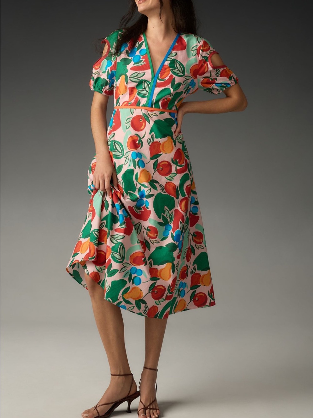 Floral Fruit Print Wrap Midi Dress - Multicolor